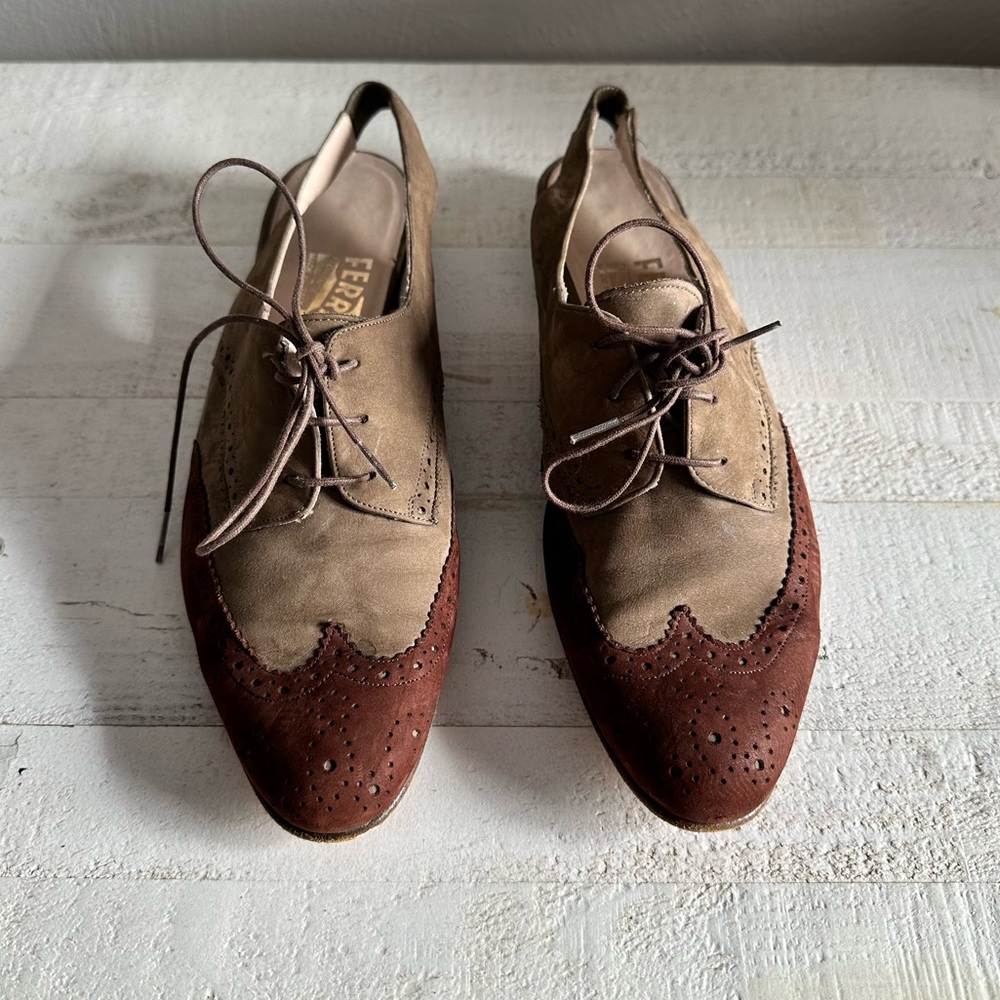 Salvatore Ferragamo Two Tone Wing Tip Vintage Suede Slingbacks sz: 8 - Picture 1 of 10